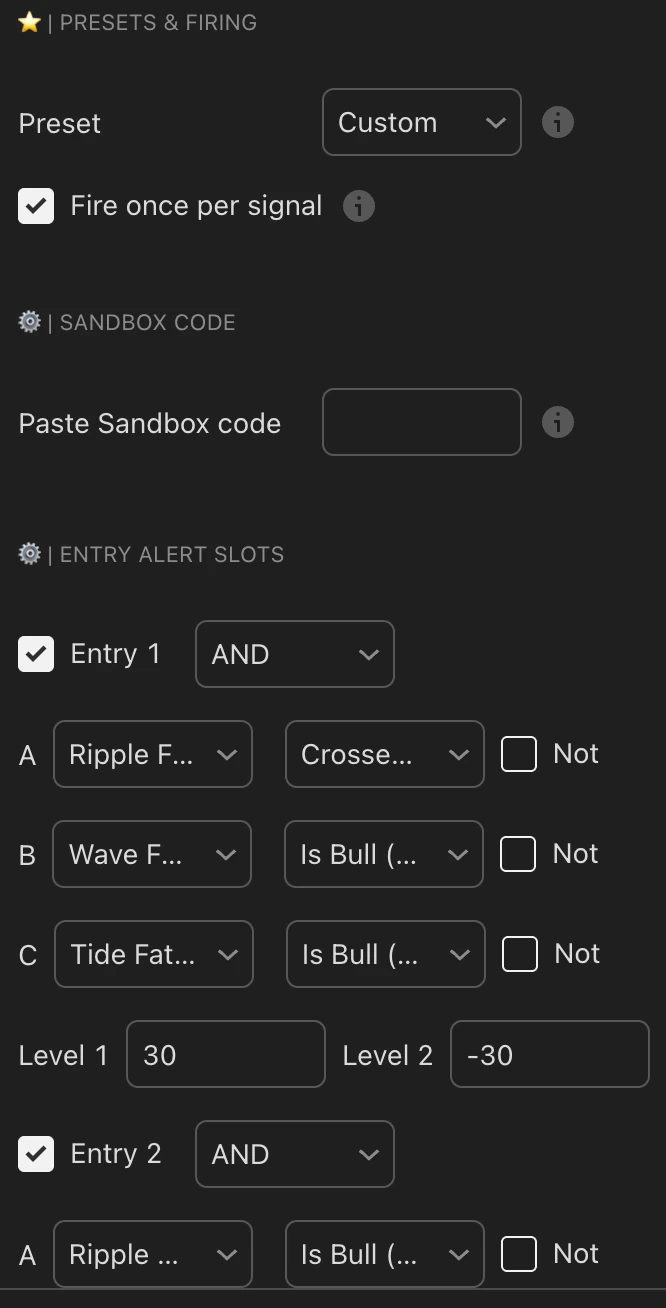 Trade Symbiotic's alert builder: entry and exit slots combining conditions with AND, OR and 2-of-3 logic to fire on your exact setup.